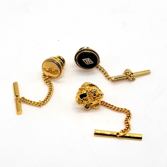 Mint! Lot of 3 Tie Tack Gold Tone Black Glass Stone, Two Accent Gold - Picture 1 of 5